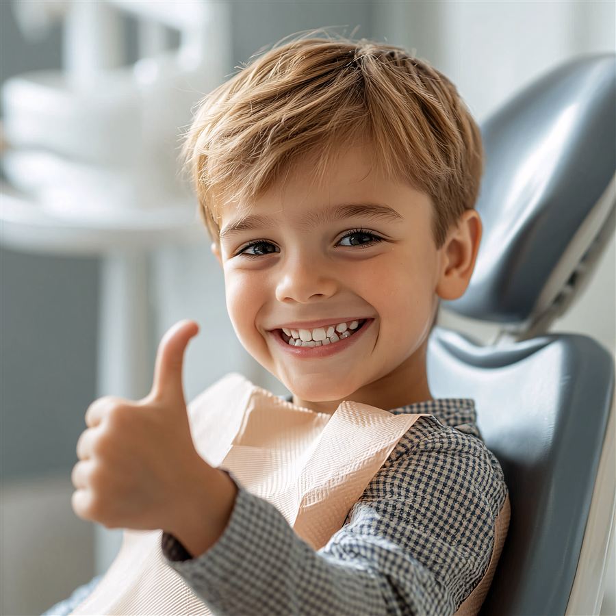 Smiling child giving a thumbs up while sitting in the dental chair